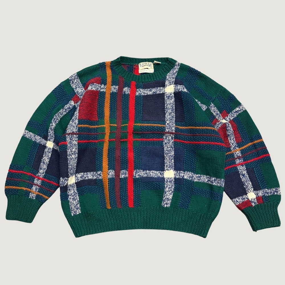 VTG 90s Cotton Traders Hand Knitted Plaid Sweater Green Multi Ramie Cotton Large